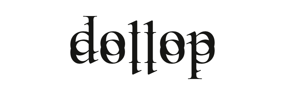 Rotational ambigram of the word "dollop" — the same lettering reads "dollop" upright and after a 180 degree turn