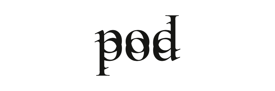 Rotational ambigram of the word "pod" — the same lettering reads "pod" upright and after a 180 degree turn