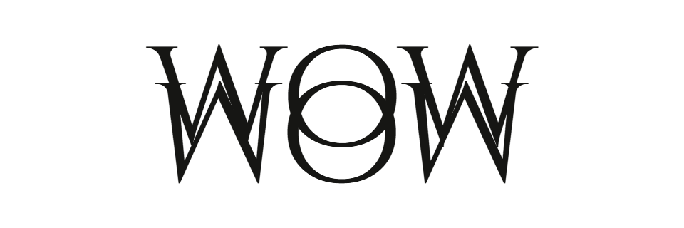 Rotational ambigram of "wow" and "mom" — the same lettering reads "wow" upright and "mom" rotated 180 degrees